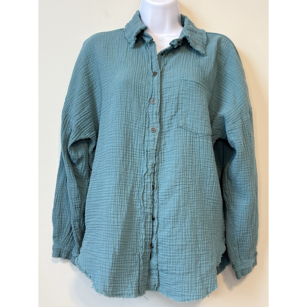 Zenana Teal 100% Cotton Woven Button-Up Blouse Raw Hem Collared Long Sleeve S